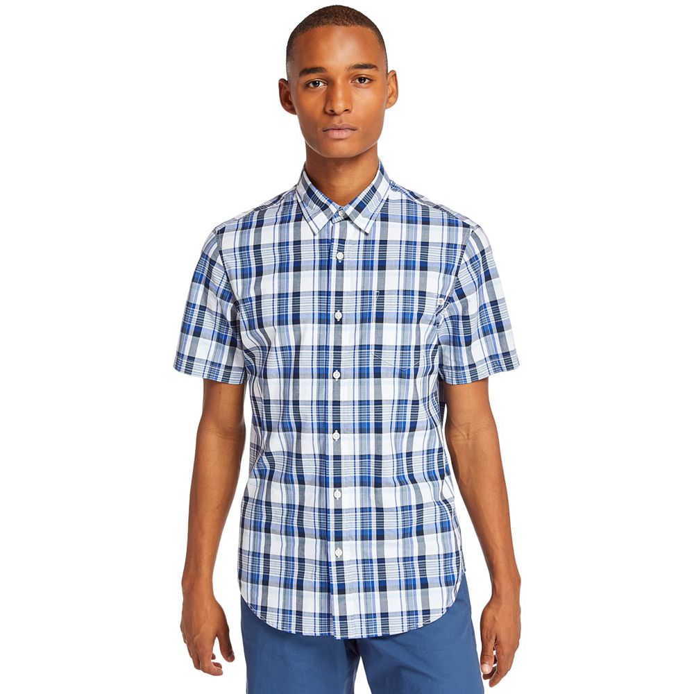 Camisa Timberland Argentina Hombre - Short-Sleeve Indian River Madras - Azules - BWAJZL-105